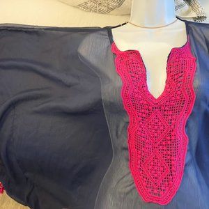 Beach Cover Up Kimono-Navy Blue with Hot Pink fringe.